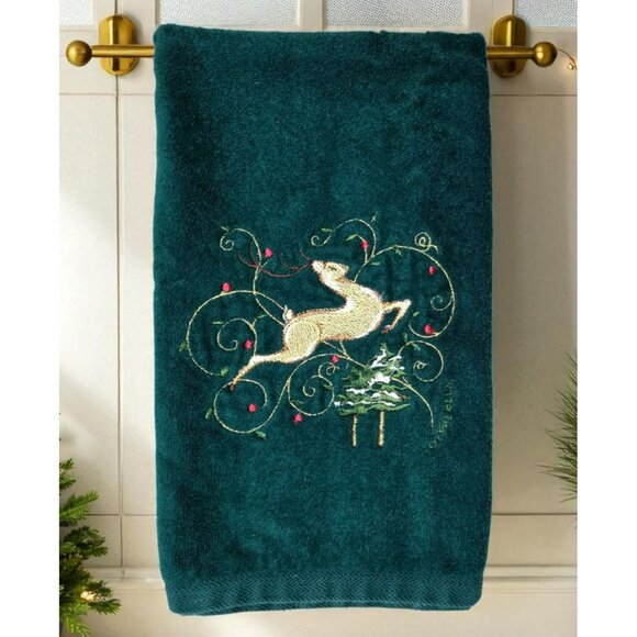 Cheri Blum Holiday Hand Towel Dark Green Gold Embroidered Deer Tree Christmas - Picture 1 of 8